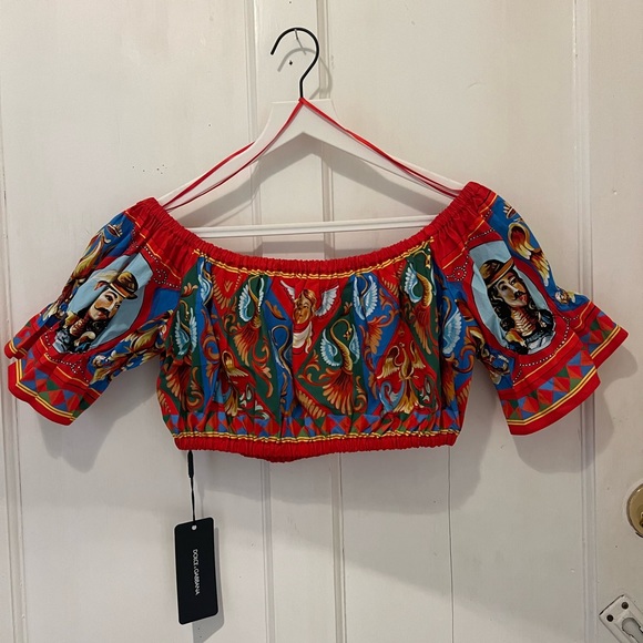 DOLCE & GABBANA CARRETTO PRINT OFF-SHOULDER COTTON CROP TO BRAND NEW TAGS ON - Picture 6 of 11